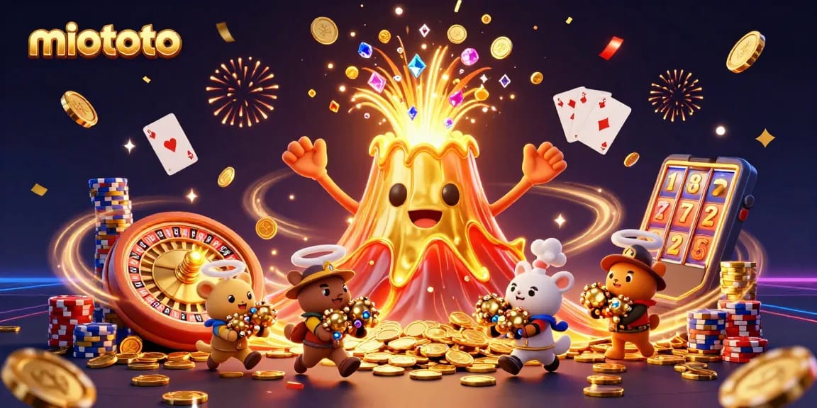 Engage with miototo's thrilling casino scene featuring a golden volcano erupting treasures.