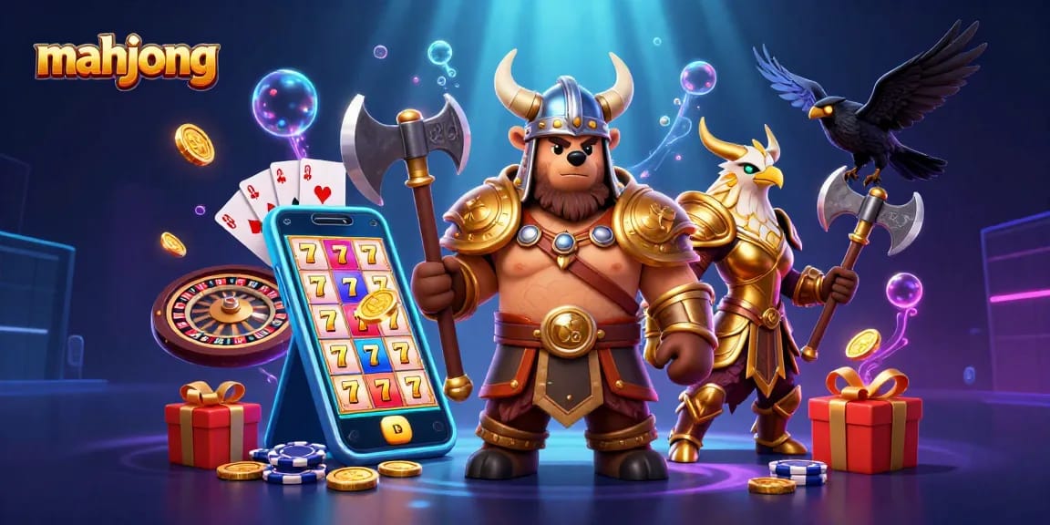 Engage in thrilling mahjong gameplay with vibrant characters and casino elements in a dynamic 3D illustration.