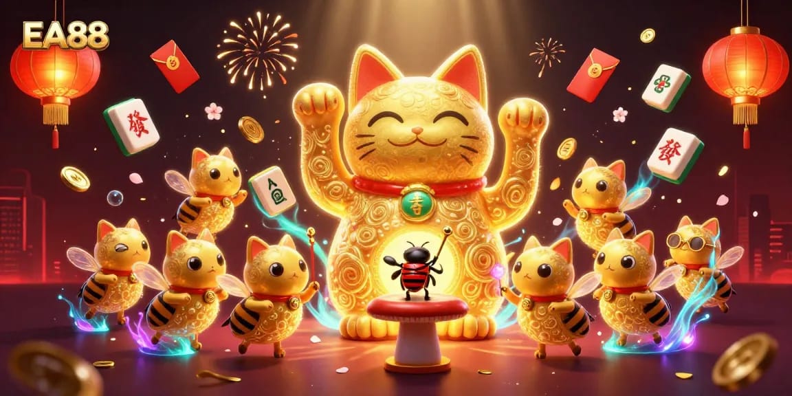 EA88 showcases a giant lucky cat symbolizing luck amid vibrant casino elements and golden fireflies.