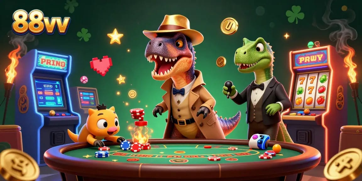 88vv showcases a 3D velociraptor at a blackjack table with vibrant casino elements.