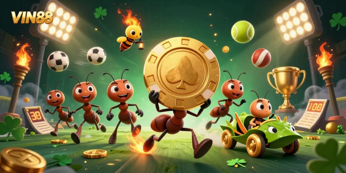 Experience thrilling gameplay at VIN88 with a dynamic heist scene featuring playful ant characters.