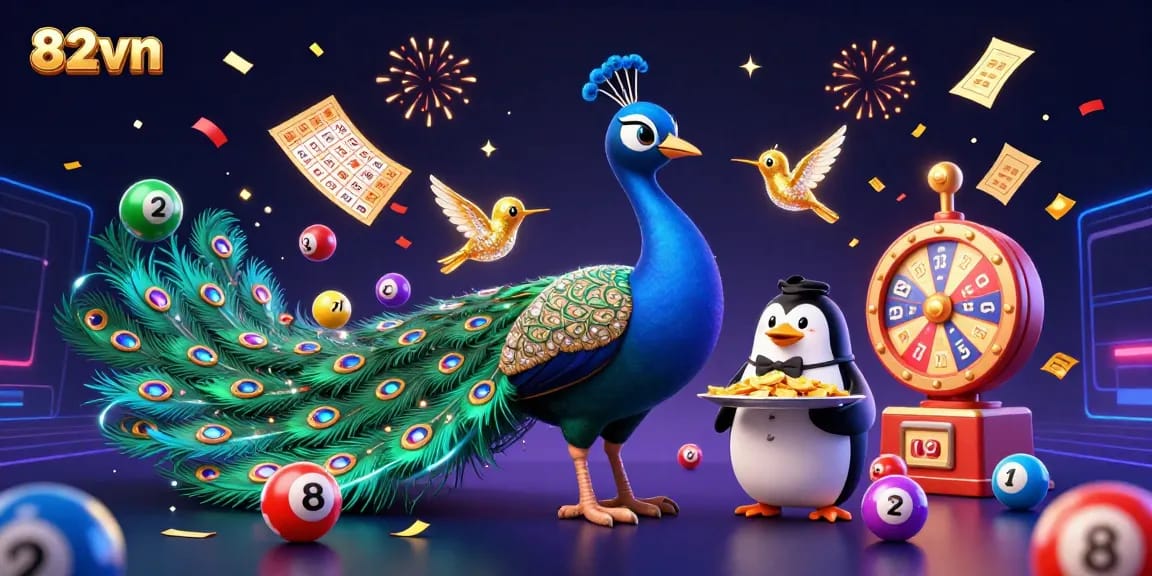 Win thrilling prizes at 82vn with a vibrant illustration of a peacock, penguin, and a hummingbird.