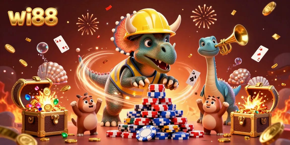Capture the excitement at wi88 with a triceratops building poker chips amidst colorful casino elements.