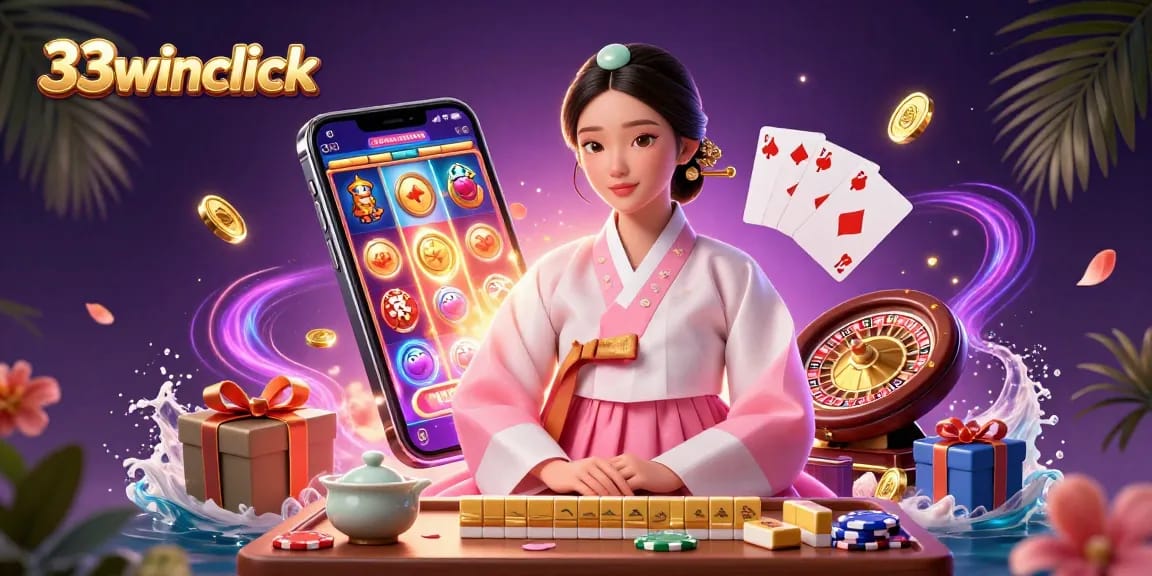 Engage in thrilling games at 33winclick featuring a serene Asian woman and dynamic casino elements.