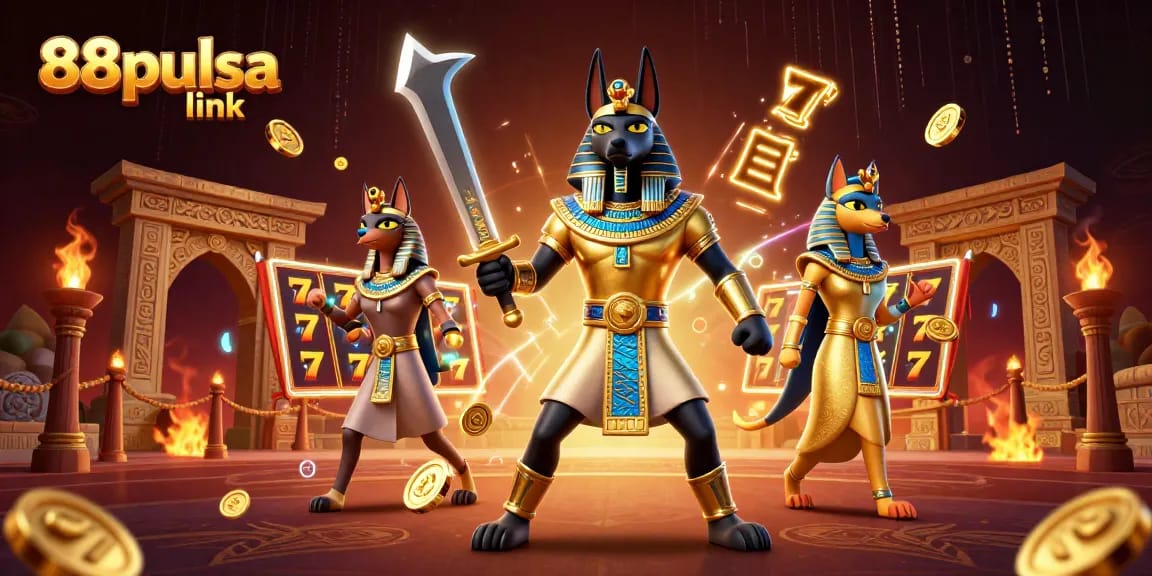 A vibrant 3D digital scene showcasing Anubis and Bastet amid slot symbols, highlighting the 88pulsa link for an engaging gaming adventure.