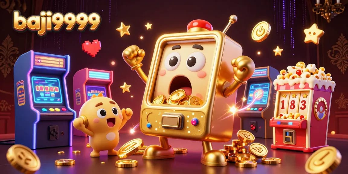 Experience baji9999 with a lively 3D illustration showcasing a jackpot-winning slot machine amidst colorful gaming elements.