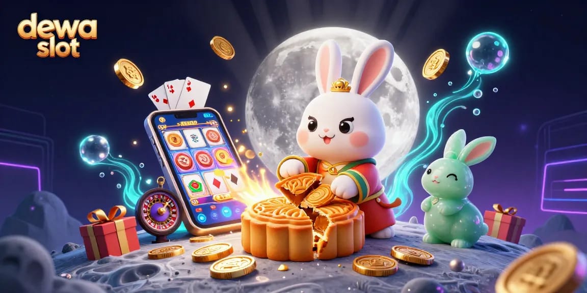Experience exciting dewa slot action with moon rabbits revealing casino treasures in this vibrant illustration.