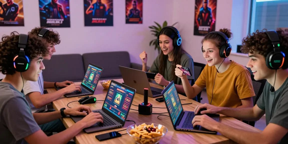 Friends enjoying online betting with lotus365 in a colorful and lively gaming environment.