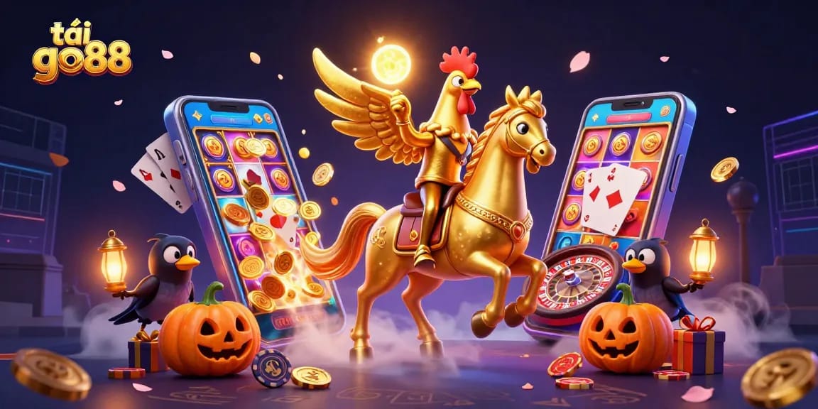 Engage with the upbeat energy of tải go88 in this dynamic casino scene featuring a golden rooster and game elements.