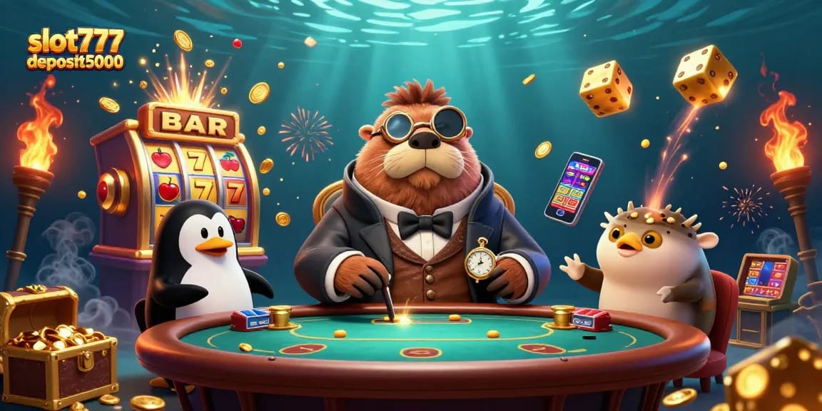 Enjoy the vibrant scenes of slot777deposit5000 with a walrus playing poker under the sea.