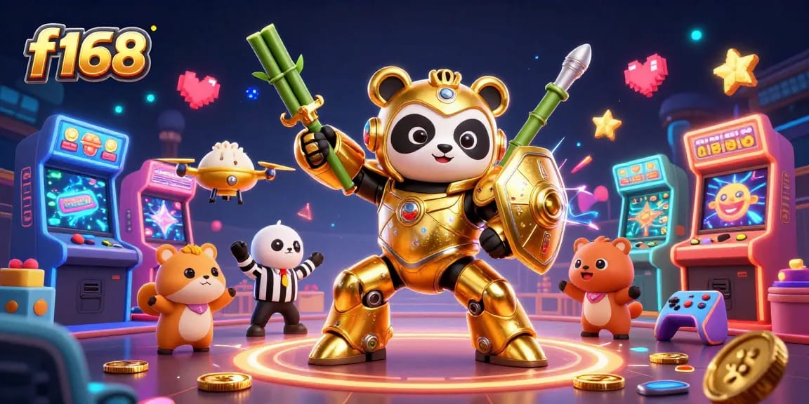 Experience exciting gameplay at f168 with illustrated golden panda and vibrant casino elements.