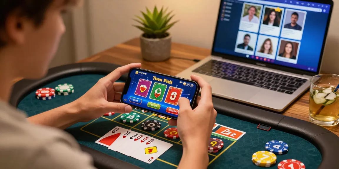 Playing 3 Patti Vegas APK on a smartphone with vibrant graphics and colorful chips in a cozy setting, showcasing a secure link to online gaming.