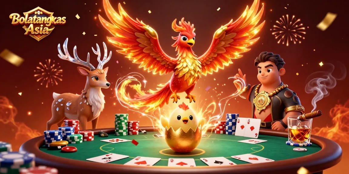 Experience thrilling action in Bolatangkas Asia with a vibrant phoenix scene, poker dynamics, and celebratory elements.