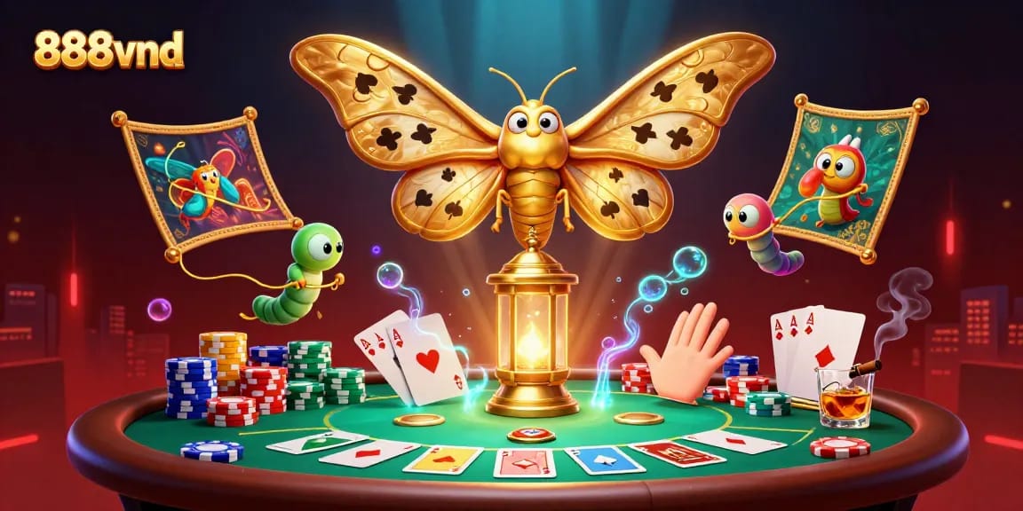 Engage with 888vnd's vibrant casino scene featuring an atlas moth and poker elements.