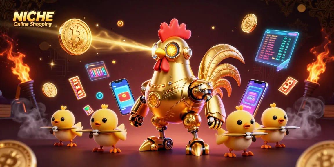 Engage with exciting NICHE Online Shopping slot action featuring a dynamic retro-futuristic scene.
