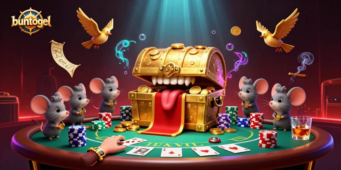 Experience thrilling adventures at Buntogel with cartoon treasure chests, rich poker elements, and vibrant casino ambiance.