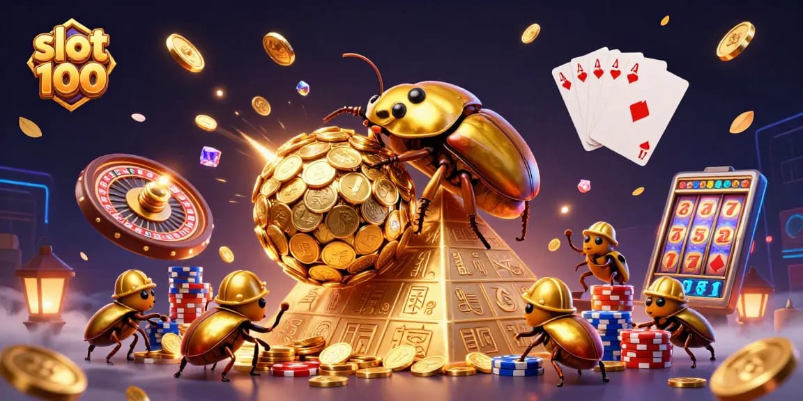 Engage in fun with slot bet 100 through a vibrant casino illustration featuring beetles and golden coins.