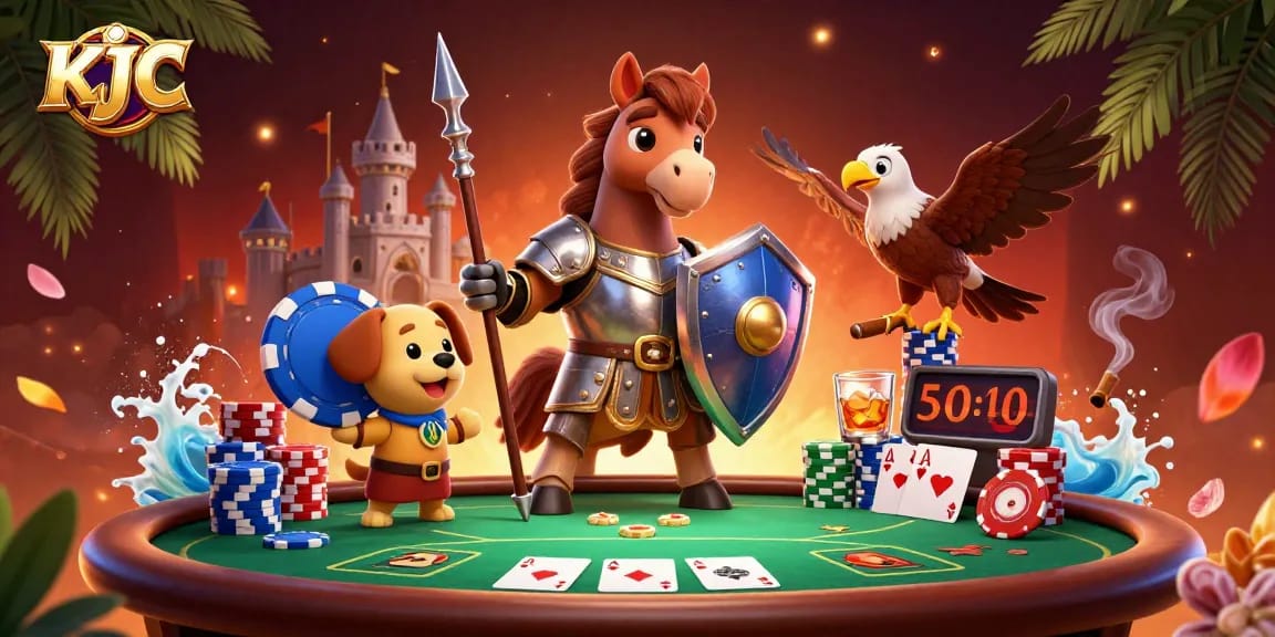 Engage with KJ C at a vibrant poker scene featuring knights, chips, and cards in action.
