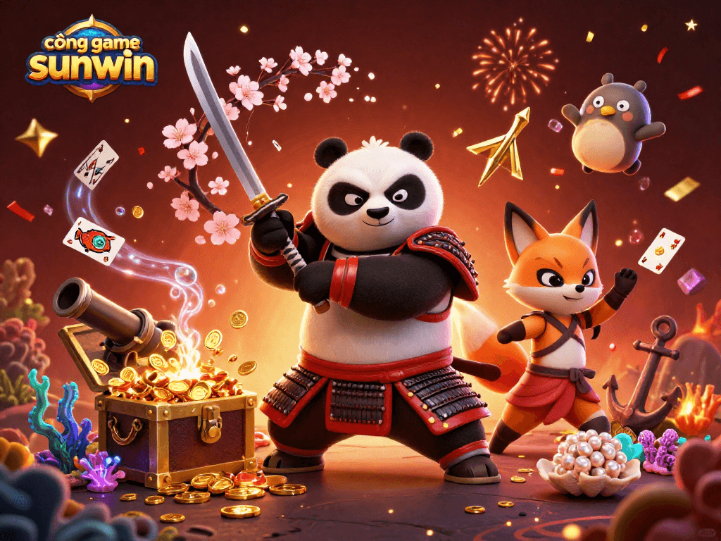 Engage with cổng game sunwin through an exhilarating scene featuring a dynamic samurai panda, ninja fox, and magical tanuki amidst rich casino elements.