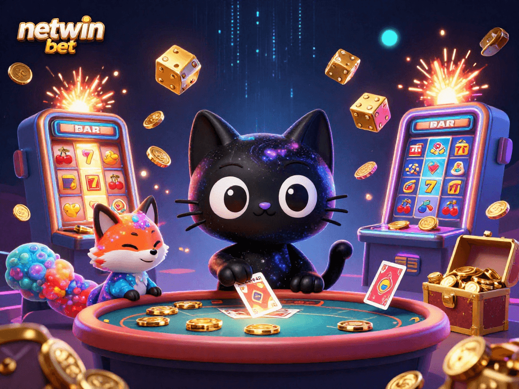 Experience the thrill of netwin bet with a whimsical cosmic casino scene featuring a black hole cat and a colorful nebula fox.