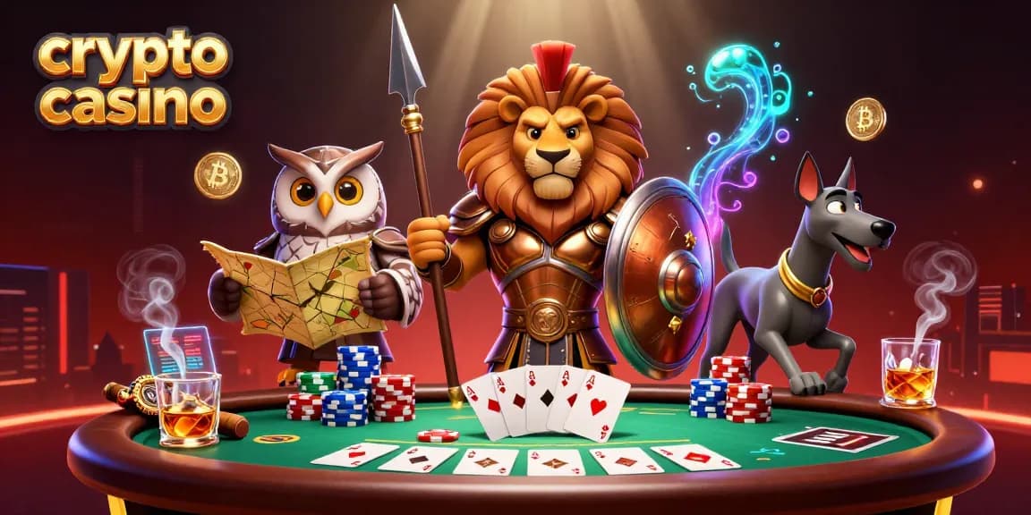 Engage with the vibrant scene of a crypto casino featuring a Spartan lion, owl strategist, and greyhound messenger.