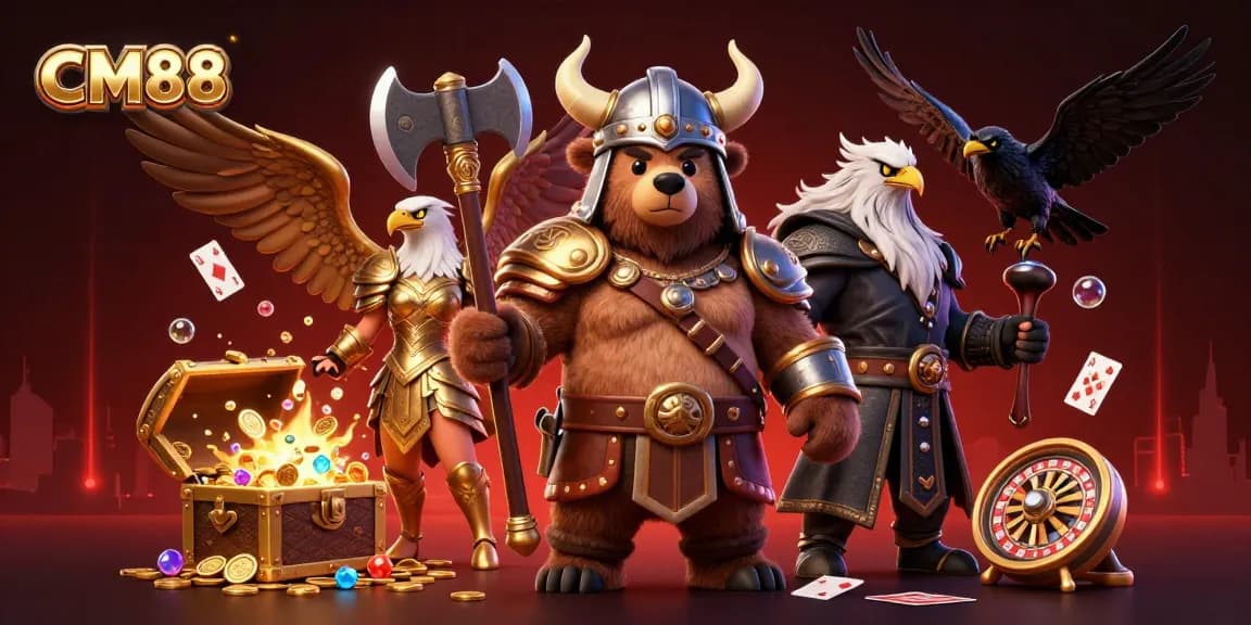 Experience the thrill of CM88 with vibrant casino elements, featuring a Viking bear and Valkyrie together.