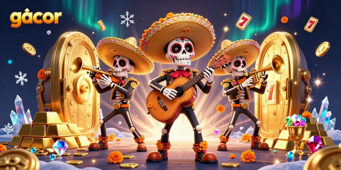 Play lively gacor slots with a vibrant 3D mariachi scene surrounded by treasures and rich gaming elements.