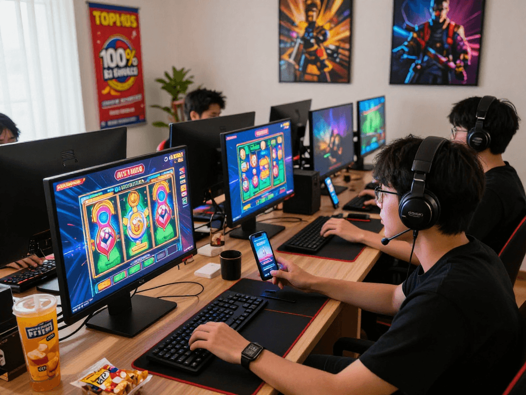 Engaged players exploring slot games at https://garuda55.com/ in a vibrant home setting.