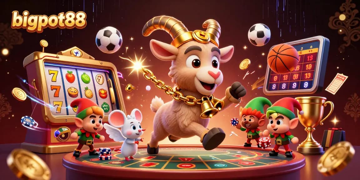 Experience the thrill at bigpot88 with Krampus, angel mouse, and elf gremlins in a festive casino scene.