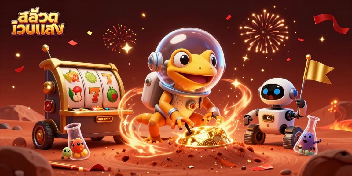 Experience slots at สล็อตเว็บตรง with a Martian gecko uncovering treasures in a golden casino.