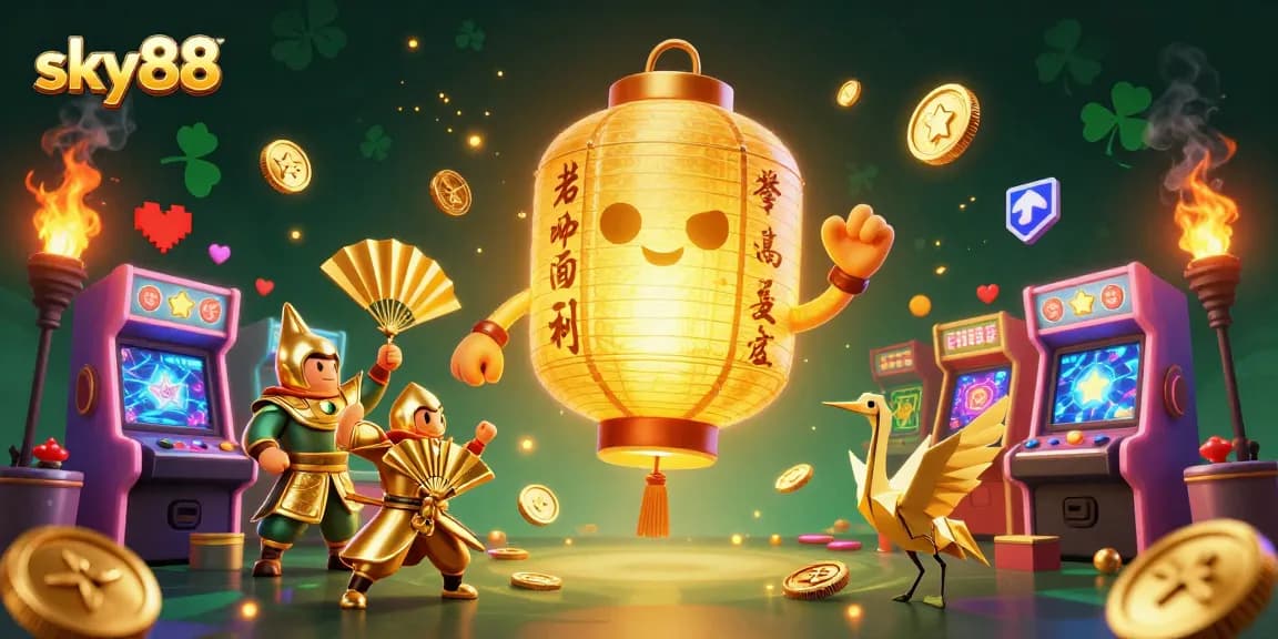 Experience thrilling gameplay at sky88 with golden symbols and fun arcade elements in this vibrant casino scene.