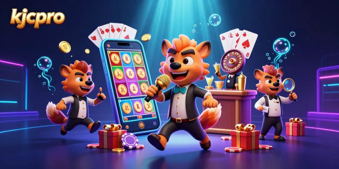 KJCpro showcases a lively casino scene with hyenas in action, delivering comedy while engaging players through thrilling slot games and vibrant gambling elements.