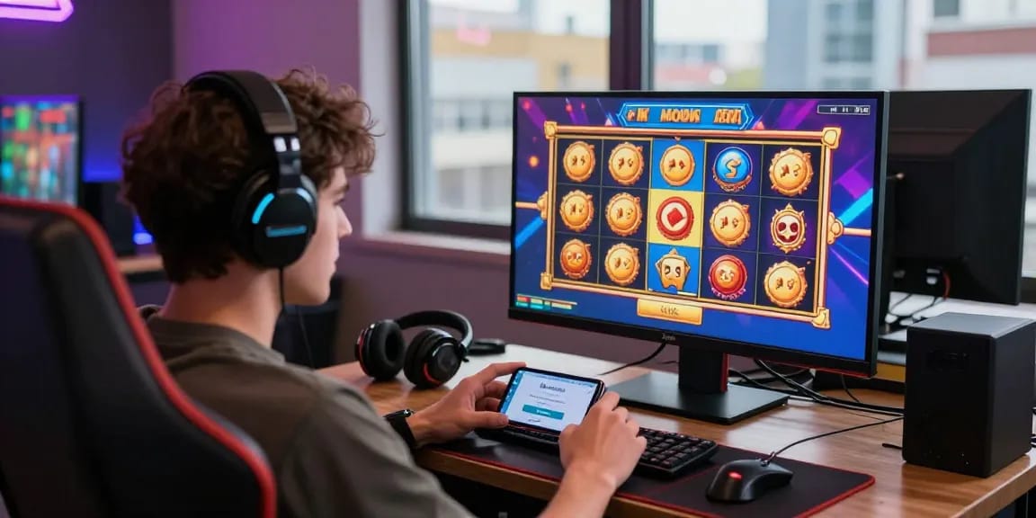 Player engaging in deposit pulsa tanpa potongan while enjoying an online slot game experience at home.