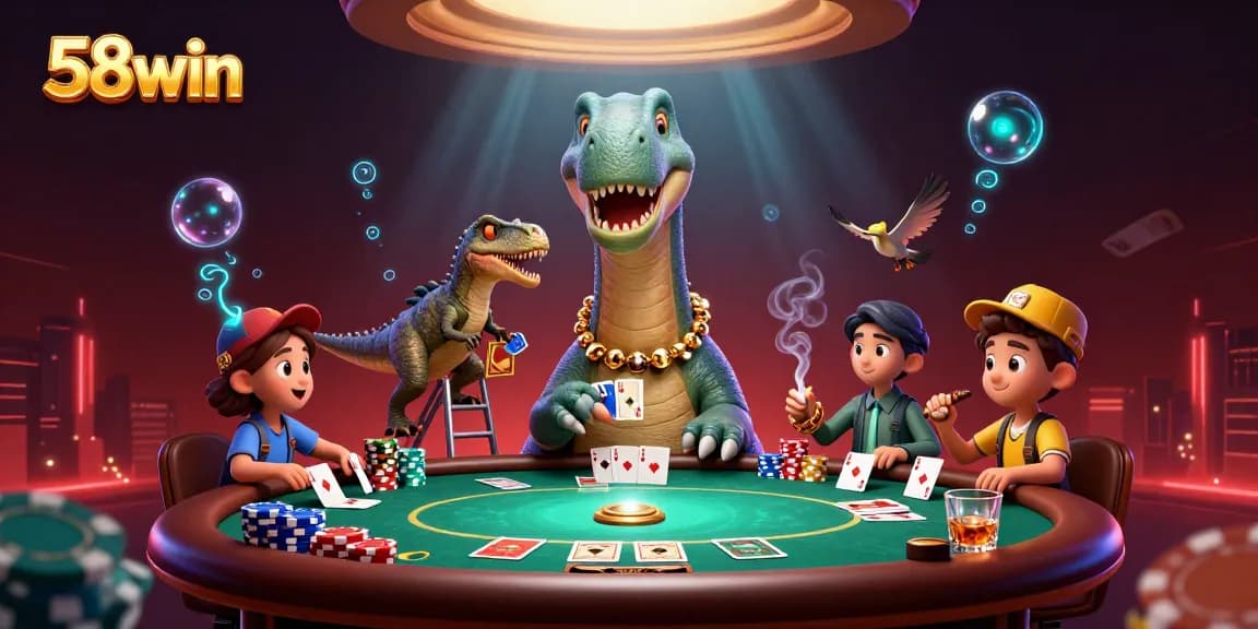 Experience the thrill of the 58win casino with a dynamic cartoon scene featuring poker excitement.