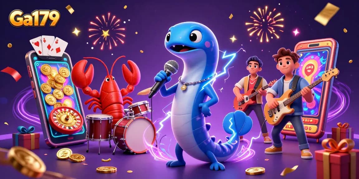 Engage with Ga179 in an electrifying underwater casino surrounded by vivid slot games and lively characters.
