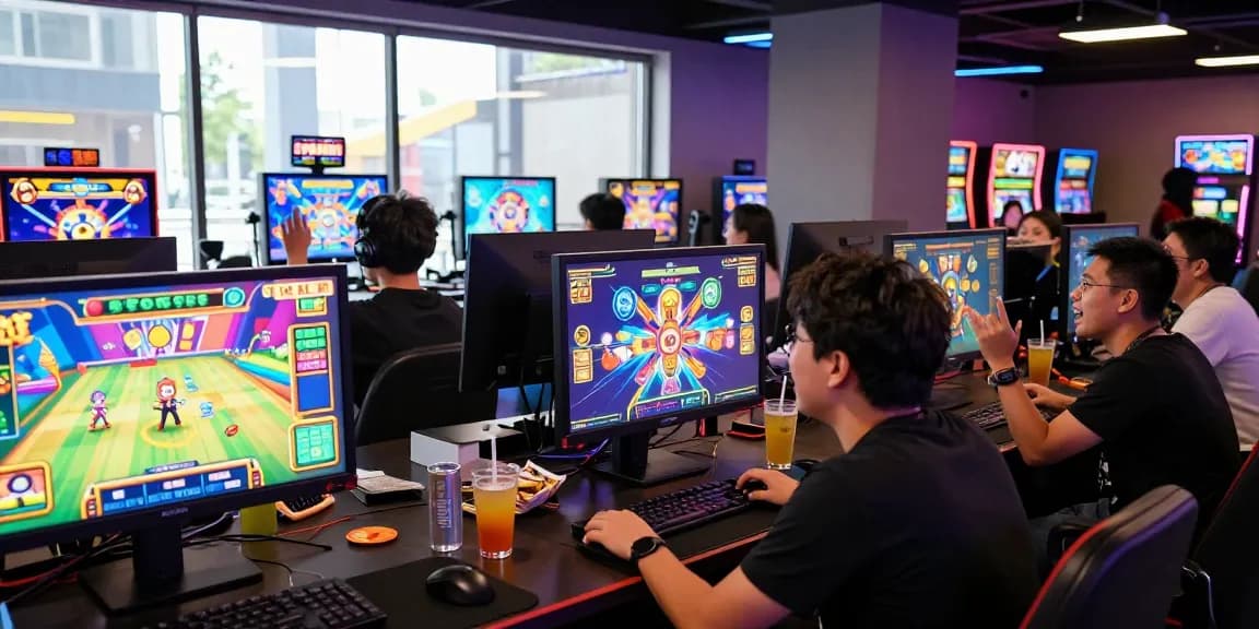 Gamers enjoying the Pajaktoto platform in a vibrant gaming lounge with slot machines and lively atmosphere.