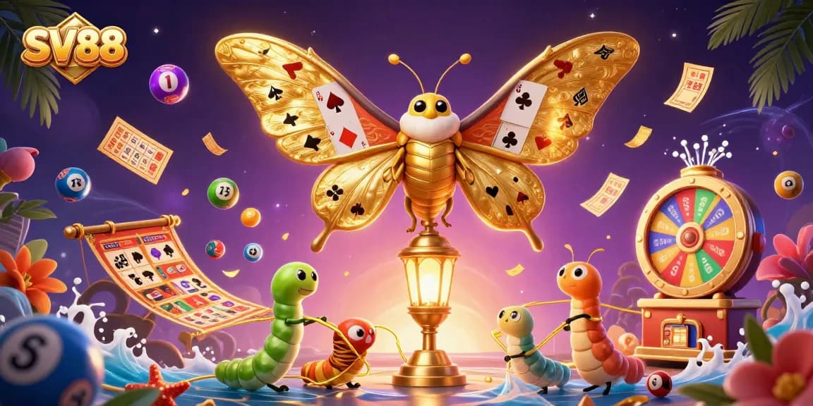SV88 showcases an energetic scene of colorful lottery elements and a majestic moth representing exciting casino adventures.