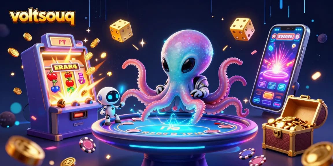 Engage with thrilling gambling action at voltsouq with vibrant casino game elements surrounding an alien octopus.