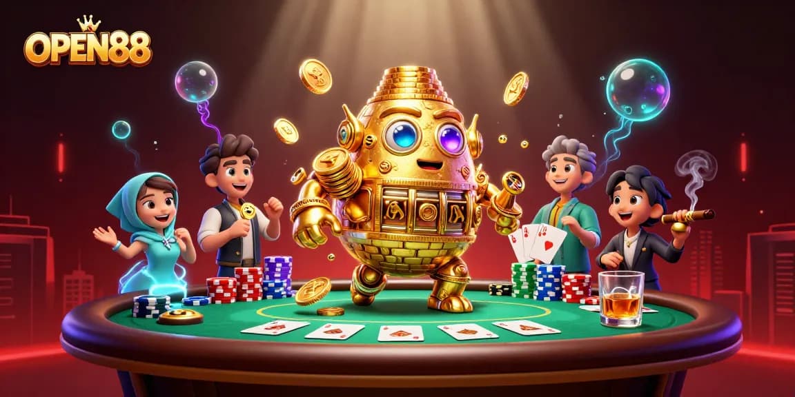 Immerse in the vibrant world of OPEN88 casino, featuring a golden golem and poker elements.