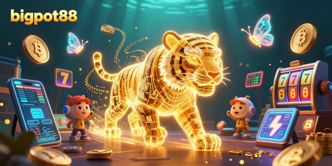 Experience bigpot88's thrilling slots with a vibrant golden tiger among digital treasures in a unique casino scene.