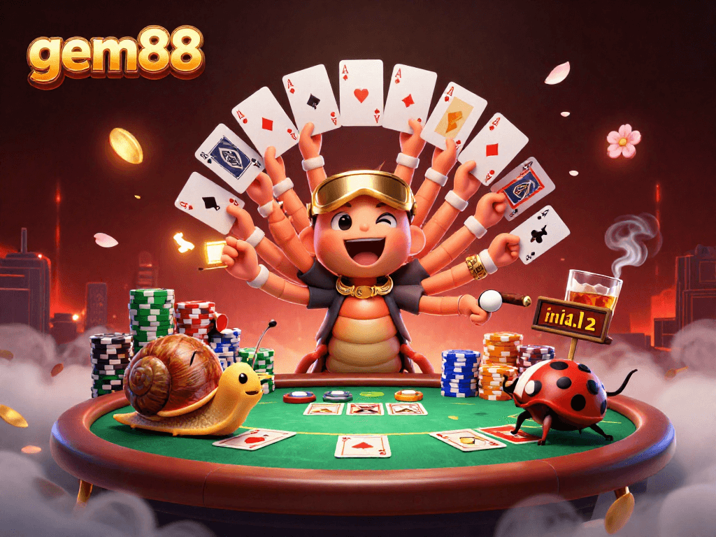 Experience thrilling gameplay with gem88 in this lively casino illustration, showcasing a millipede dealer and high-stakes action.