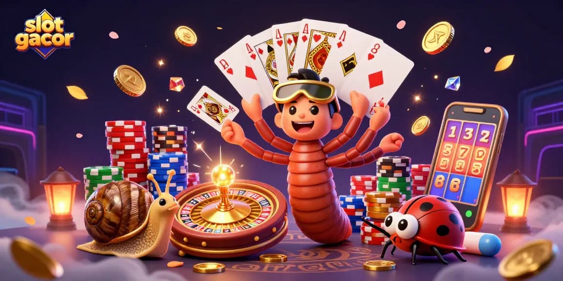 Experience excitement with slot gacor as cartoon characters deal cards and spin reels in a dynamic casino scene.