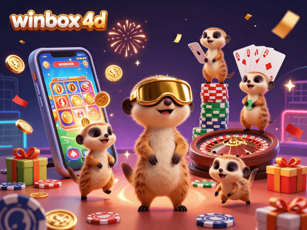 Winbox 4D meerkats host a lively casino scene with colorful slot games and exciting activities.