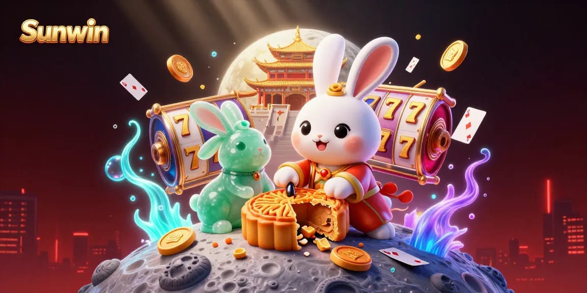 Sunwin's captivating moon rabbit theme reveals hidden poker chips in a dynamic casino setting.