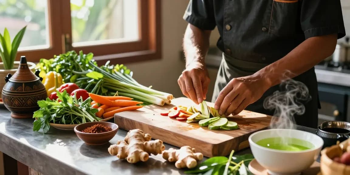 Fresh ingredients like ginger and lemongrass in a Thai kitchen, exploring เว็บสล็อต culinary benefits.