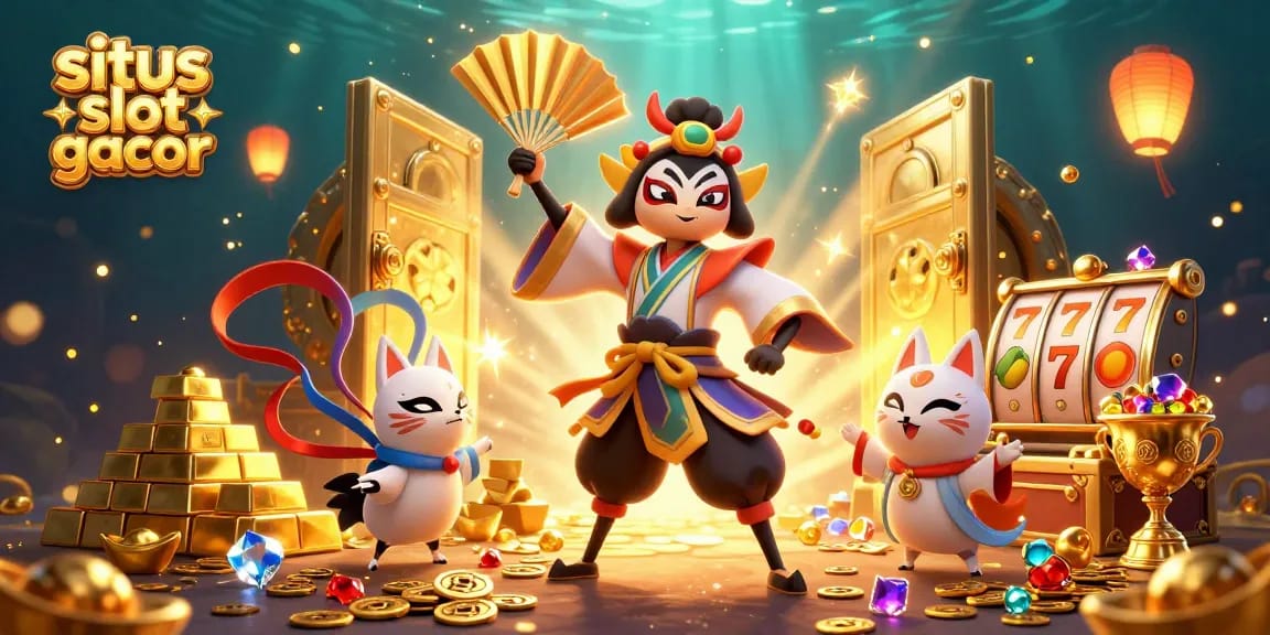 Engage with situs slot gacor through a vibrant scene featuring kabuki warriors and treasures.