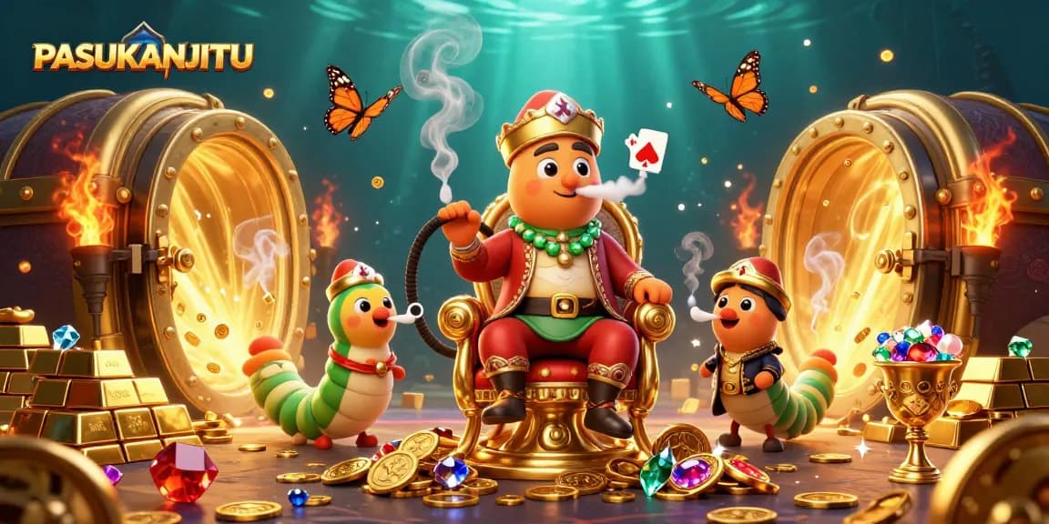 PASUKANJITU showcases vibrant gaming elements with a 3D caterpillar master and treasure in a dazzling casino scene.