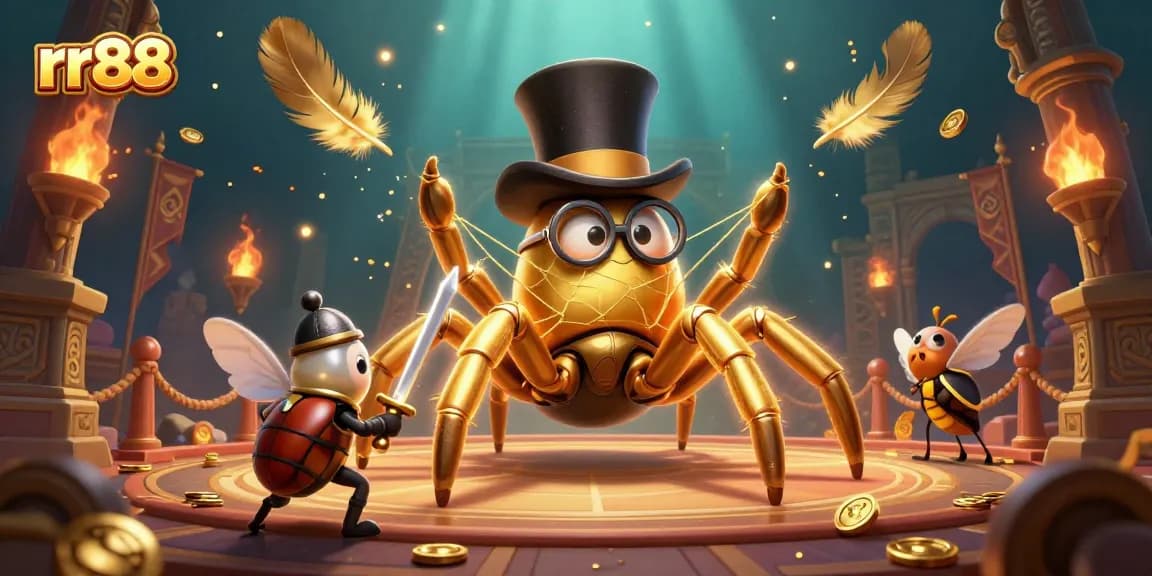 Engage with exciting rr88 gameplay featuring a golden tarantula and brave beetle in a casino scene.