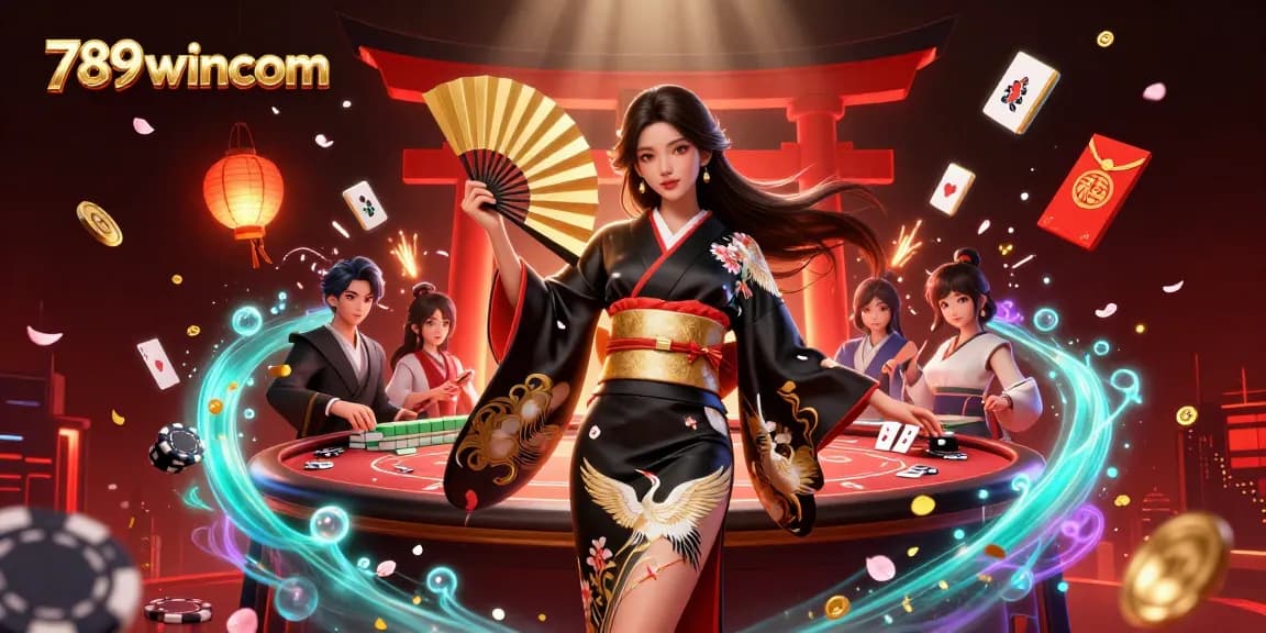 Engage with 789wincom's vibrant poker scene featuring an elegant Asian woman amidst dynamic gaming elements.