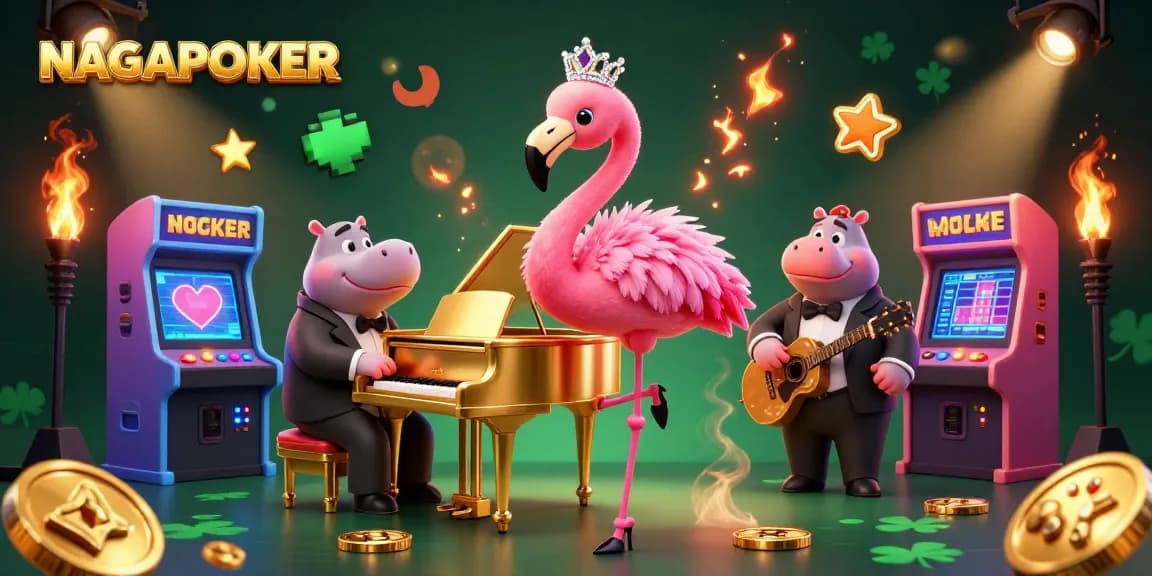 NAGAPOKER features vibrant casino elements with a flamingo singer and hippo bassist in a dynamic gaming scene.